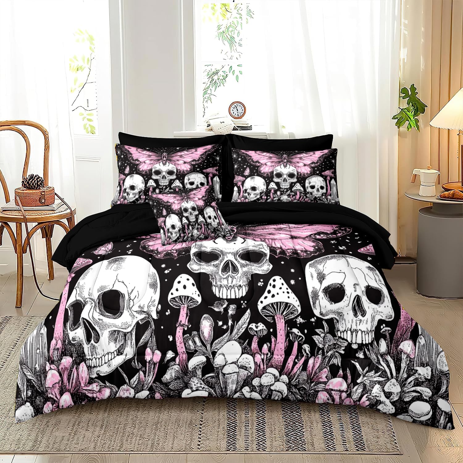 81wyXkffyKL._AC_SL1500_.jpg MUGINYU Sugar Skull Comforter Set Queen Size Pink Mushroom 8 Pieces Bed in a Bag Gothic Starry Butterfly Bedding Set with 1 Comforter, 4 Pillowcases, 1 Flat Sheet, 1 Fitted Sheet, 1 Cushion Cover - Image 3