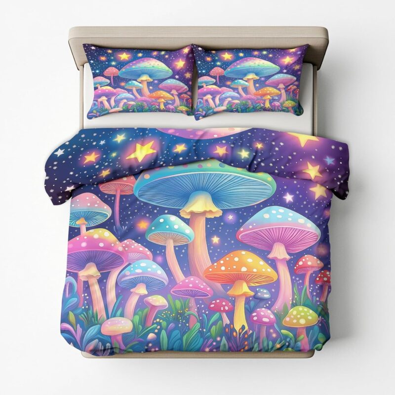 Generic Queen Duvet Cover Mushroom - Star Starry Fungus Plant Pattern Bedding Set 3 Piece, Mushroom Bedroom Decor, Ultra Soft Microfiber, 2 Pillow Shams, with Zipper & Ties ED15