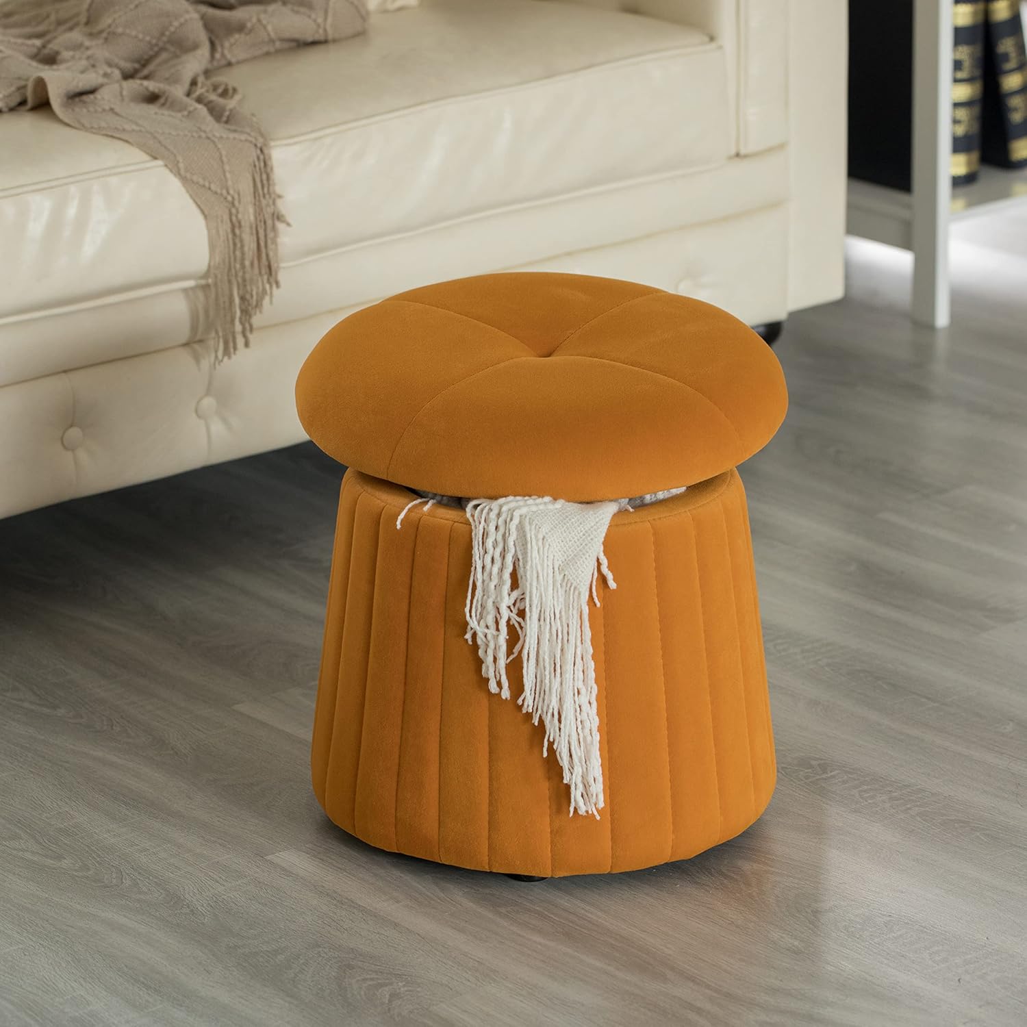 81xrYlaSTLL._AC_SL1500_.jpg Fabulaxe Modern Tufted Velvet Mushroom Shape Storage Ottoman Storage Stool Trunk, Mustard Yellow - Image 2