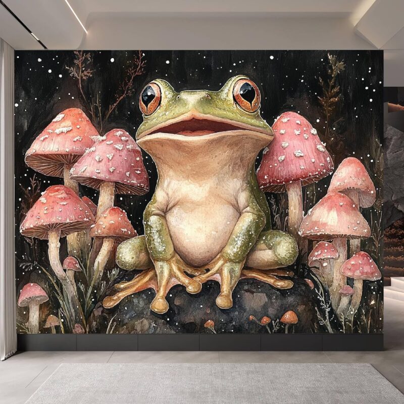 Cartoon Wallpaper Canvas 160" W x 112" H Pink Mushroom Frog Large Wall Mural for Living Room TV Background Bedroom Studio Hotel Dormitory Decoration (Not Self Adhesive)