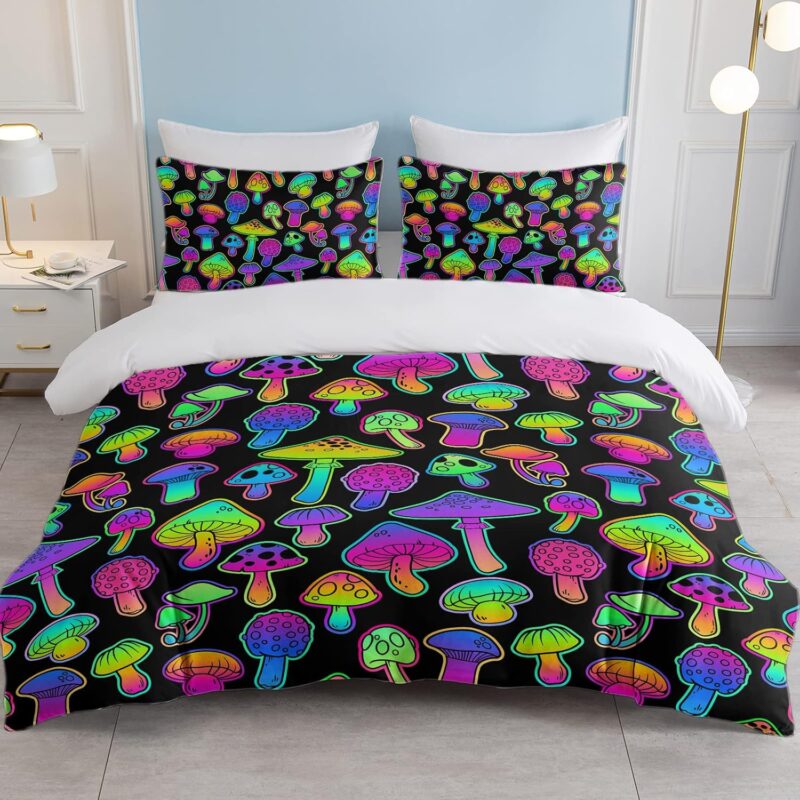 SOULZZZ Mushroom Duvet Cover Queen Neon Ultra Soft Black Purple Green Farmhouse Bedding for Women Magic Mushroom Pattern Trippy Room Decor Bed Set (Queen, 1 Duvet Cover 2 Pillow Shames)
