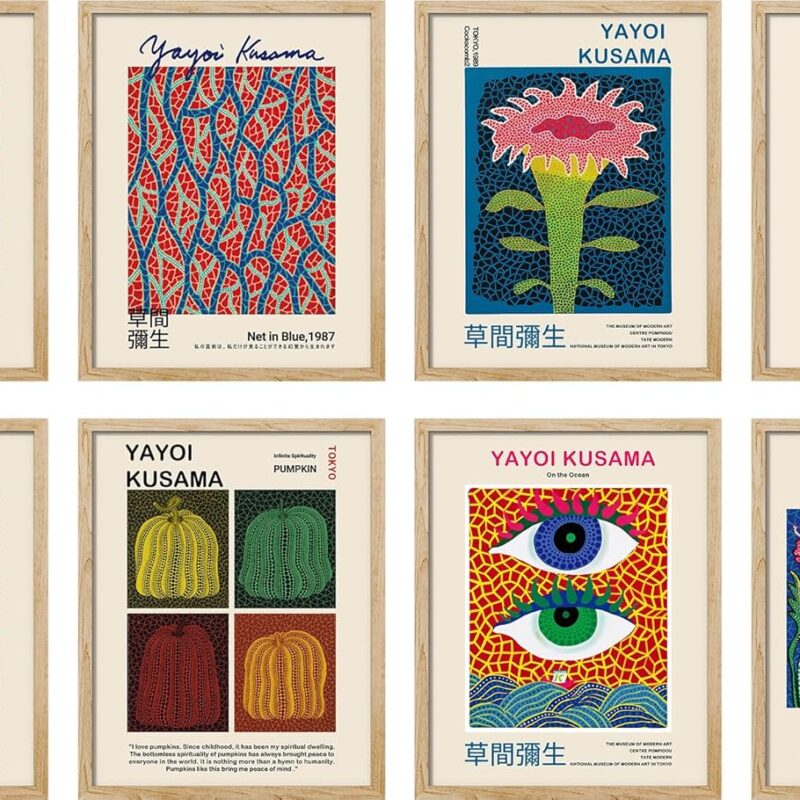 SIGNWIN Framed Poster Wall Art Set of Mushroom Botanical, Blue Red Dots, Japanese Pumpkin The Ocean Minimalist Decor for Living Room, Bedroom, Office - 8"x10"x 8 Natural