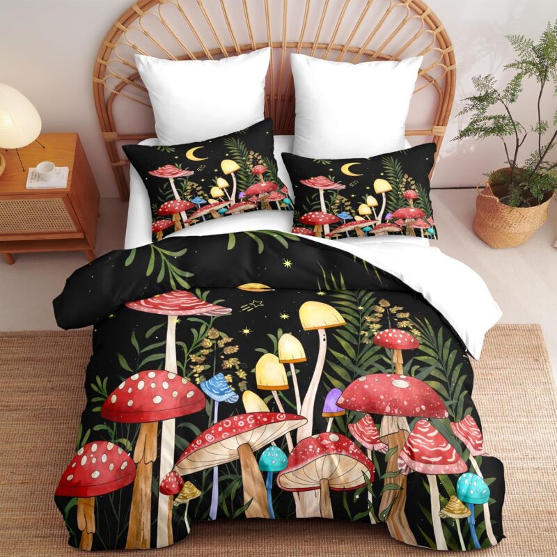 Botanical Agaric Leaves Comforter Set Queen, 3Pcs Red Mushroom Soft Bedding Set for Girls, Lightweight Down Alternative Comforter with 2 Matching Pillowcases Bedroom Decor (90" X 90")