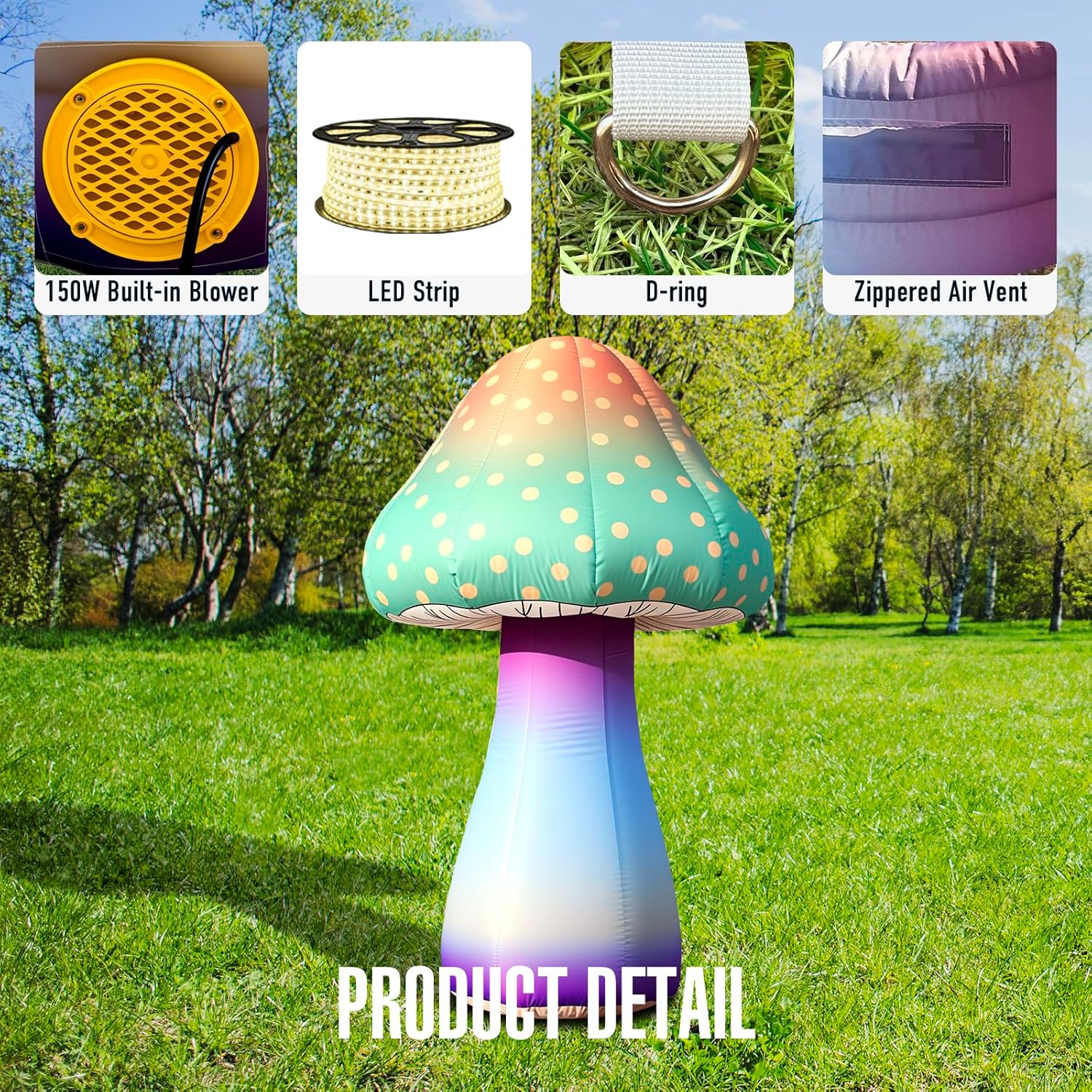 917rLhOH3zL._AC_SL1500_.jpg 6 FT LED Inflatable Mushroom with Built‑in Fan, Light Strip & Remote Control – Outdoor Garden, Backyard, Stage, Pathway & Holiday Party Decor - Image 8