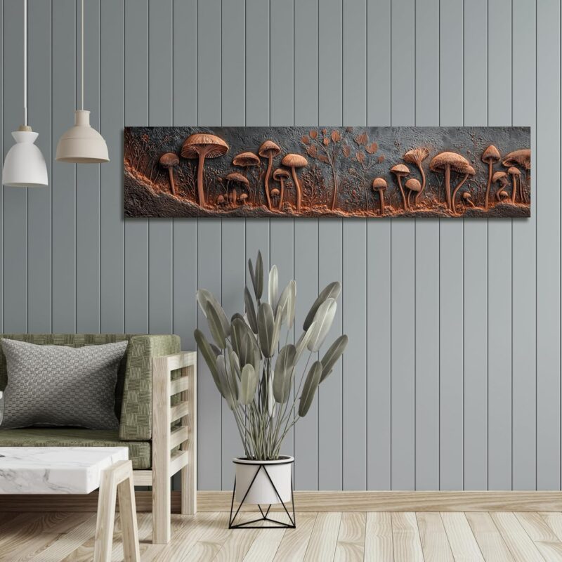 Rustic Kitchen or Entryway Tempered Glass Wall Art – Mushroom Scene with Botanical Embossing – Long Nature Inspired Glass Panel with Metal Hanger- Useable for Outdoor