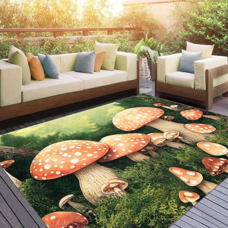 Cute Mushroom Rug Living Room Pink Mushroom Area Rug Green Grass Mushroom Rustling Rug Washable Non-Slip Cartoon Rug Living Room Playroom Nursery Decorative Rugs 4x6ft