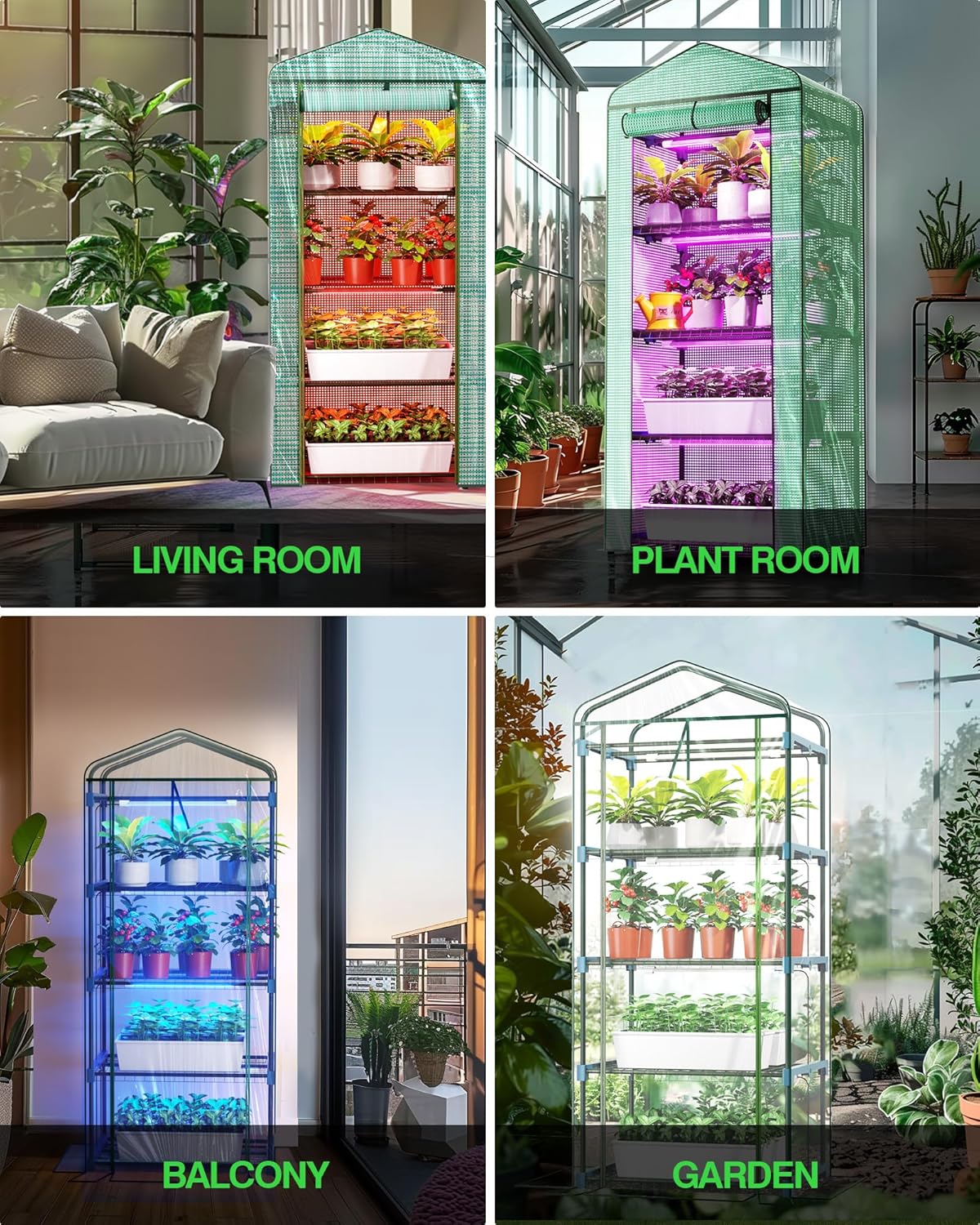 91NqZBiX0SL._AC_SL1500_.jpg PYY Mini Indoor Greenhouse with Grow Light - Small Portable Outdoor Plant Green House Cabinet with Wheels, Thermometer, PVC Tent Cover, 4 Dimmable 3 Color 2FT 36W LED Kit, 4 Tier Gardening Shelves - Image 8