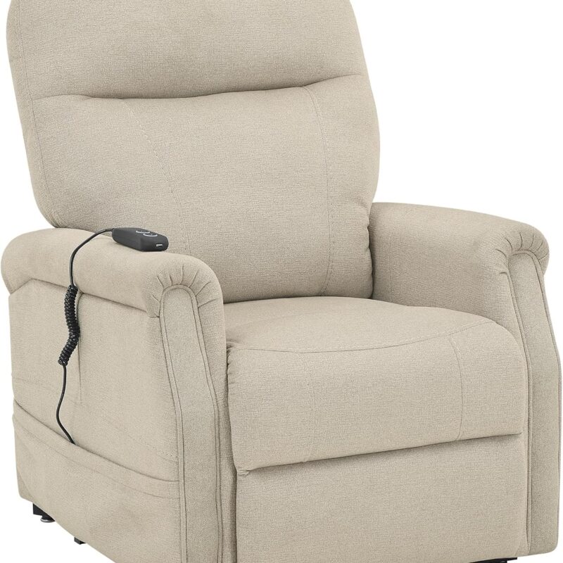 Steve Silver Furniture Rhodes Single Motor Lift Recliner Chair, Upholstered Fabric, 300lb Capacity, Steel Mechanism, Outside Storage Pocket, Handheld Remote, Easy Assembly, 36.5"L x 30.5"W x 41"H, Tan