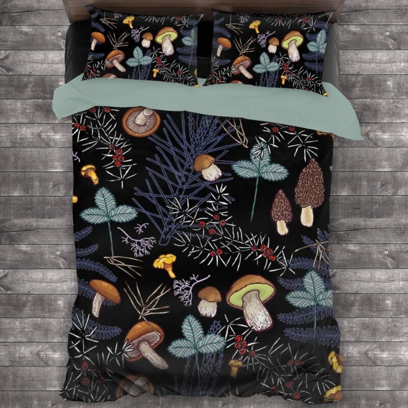 Dark Wild Forest Mushrooms Comforter Cover Luxury Soft 3 Piece Bed Sets 1 Quilt Cover 2 Pillowcases – Full 80X90 in Ultra Soft Microfiber Bedroom Set