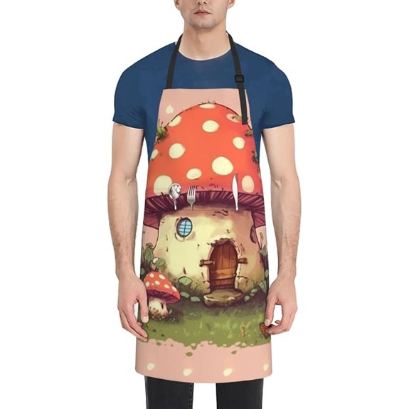 Cute Mushroom House Print Waterproof Apron with Pockets