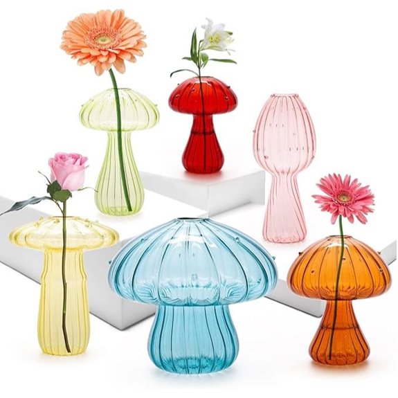 Six Colored Glass Mushroom Vases for Plants Decor