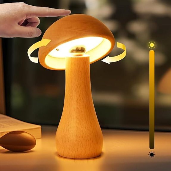 Wooden Mushroom Lamp with Touch Switch Cordless Night Light