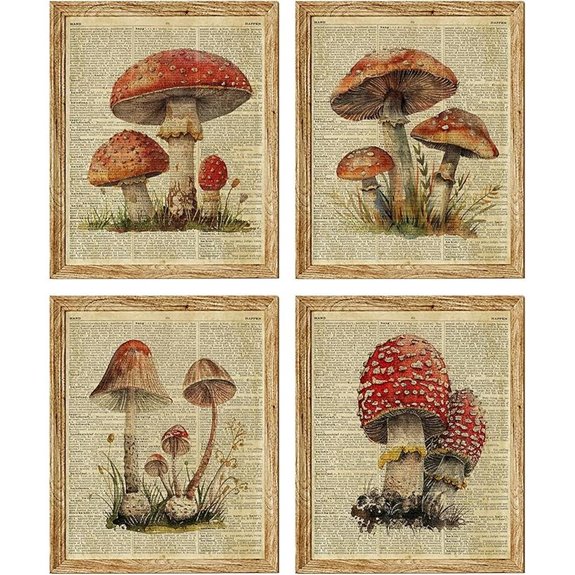 Vintage Red Mushroom Wall Art Set (4 8x10)